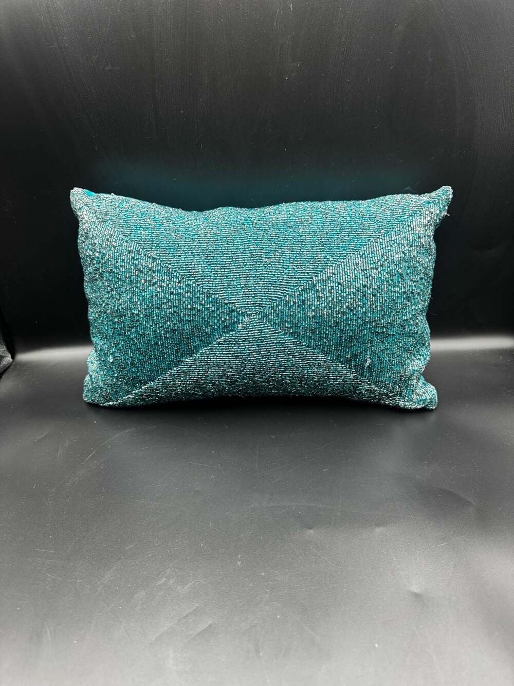 Teal Beaded Lumbar Accent Pillow 12x7 Geometric Seed Bead Design